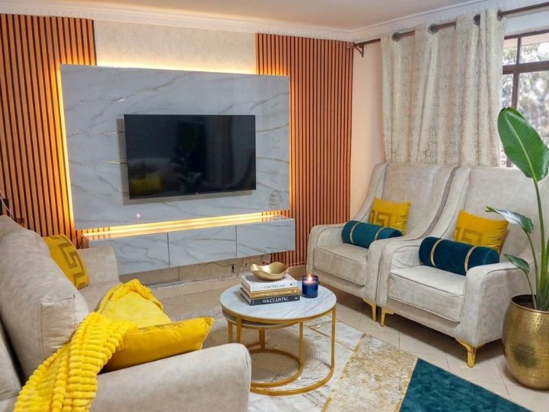 Living room after Sikam Furniture transformation – custom L-shape sofa set Karen, Nairobi
